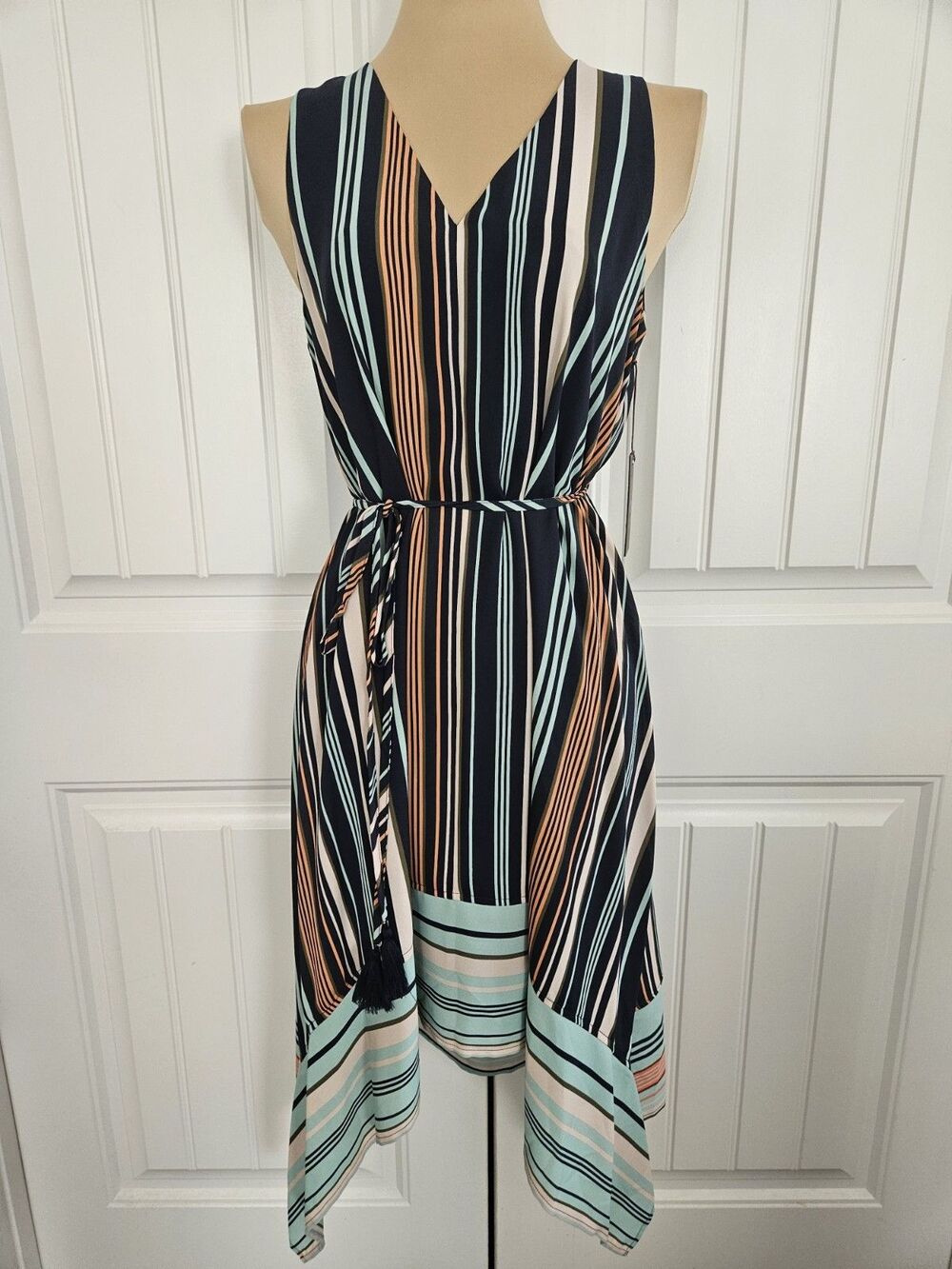 Vince Camuto Mosaic Seas Mood Indigo Striped Handkerchief Dress W/ Tie Belt Sz S